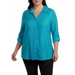 Maggie Barnes Turquoise Blue Pintuck 3/4 Roll Tab Sleeve Blouse Plus Size 0X NEW